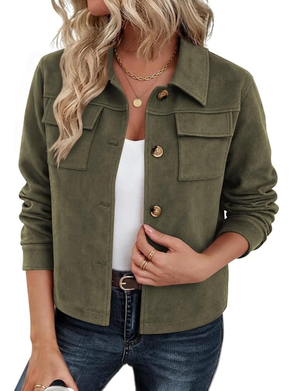 Women's Green Long Sleeve Faux Suede Cropped Shacket Button Down Fall Jacket